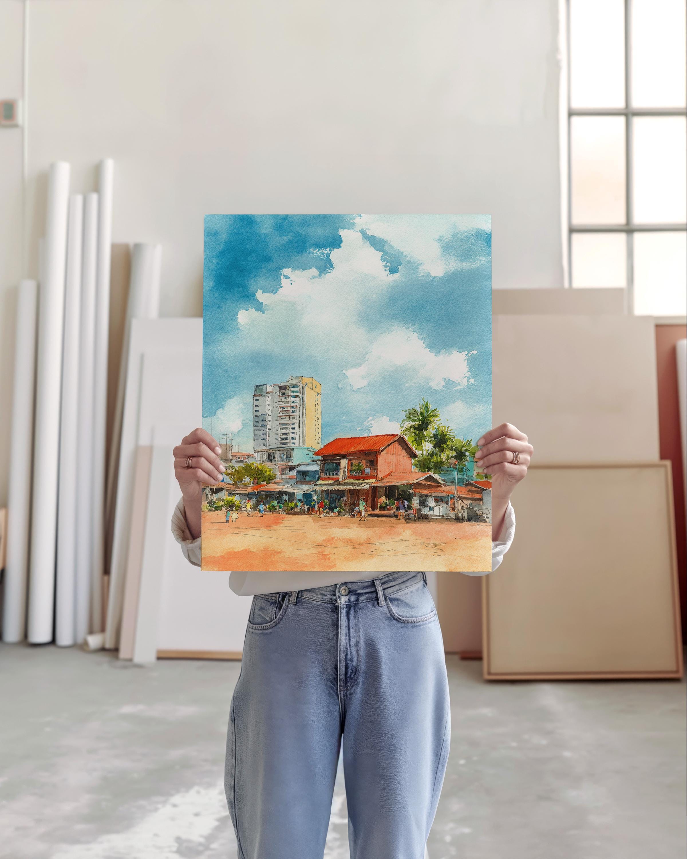 シアヌークビルの水彩画、カンボジアの旅行プリント、カンポンサオムの