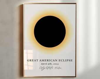 Custom Town Eclipse Art 2024, Eclipse Art Poster Print, Eclipse Souvenir Gift, Solar Eclipse Art, Great American Eclipse