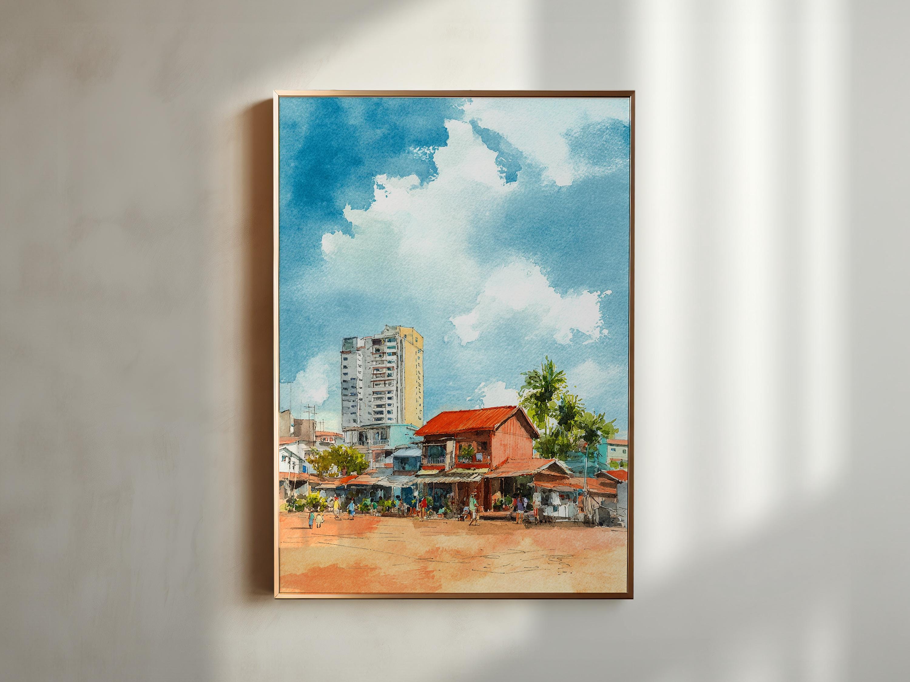 シアヌークビルの水彩画、カンボジアの旅行プリント、カンポンサオムの