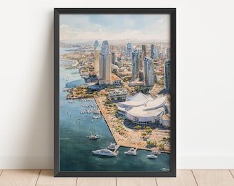 Sztuka akwarelowa w San Diego Wydruk z podróży do San Diego, San Diego, Kalifornia Dzieło sztuki, Dekoracja panoramy San Diego, Kalifornia Sztuka ścienna
