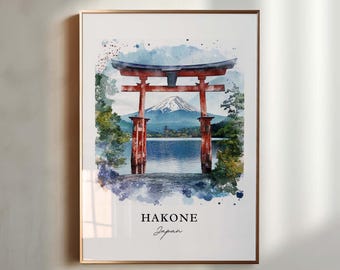 May include: A watercolour painting of a red torii gate with Mount Fuji in the background. The gate is situated on a lake with green trees on either side. The text "Hakone Japan" is written below the image.