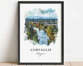 Puede incluir: Una pintura de acuarela de Corvallis, Oregón, que muestra un río serpenteando por la ciudad con exuberantes árboles verdes y edificios. El texto "Corvallis Oregon" está escrito debajo de la imagen.