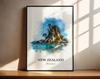 Arte mural de Nueva Zelanda, lámina de Nueva Zelanda, acuarela de Nueva Zelanda, regalo de Auckland (Nueva Zelanda), lámina de viaje, póster de viaje, regalo de inauguración de casa