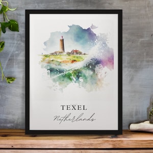 Arte de viaje tradicional de Texel - Países Bajos, póster de Texel, regalo de boda, regalo de cumpleaños, texto personalizado, regalo personalizado