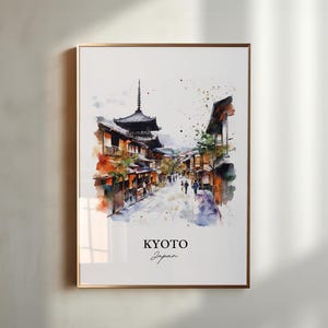 May include: Watercolor painting of a street scene in Kyoto, Japan. The painting features a pagoda, traditional Japanese buildings, and people walking down the street. The painting is in a gold frame.