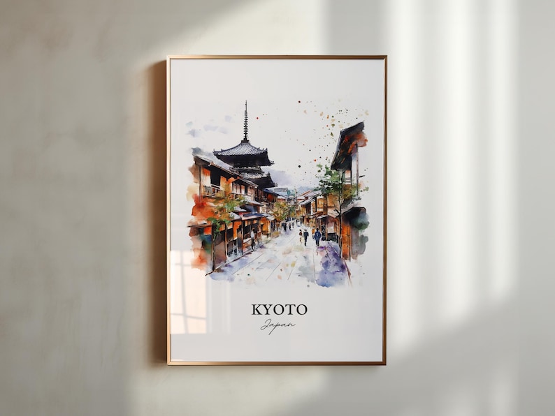 May include: Watercolor painting of a street scene in Kyoto, Japan. The painting features a pagoda, traditional Japanese buildings, and people walking down the street. The painting is in a gold frame.