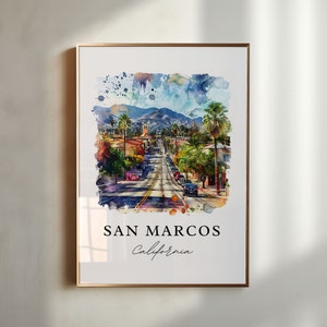 Arte mural de San Marcos, California, impresión de San Marcos, arte de acuarela de San Marcos, regalo de San Marcos, póster de viaje, regalo de inauguración de la casa