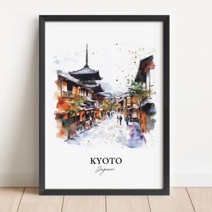 May include: Watercolor painting of a street scene in Kyoto, Japan. The painting features a traditional Japanese pagoda, buildings with wooden facades, and people walking down the street. The painting is done in a soft, muted color palette with splashes of vibrant color.