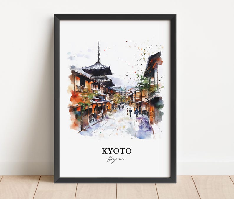 May include: Watercolor painting of a street scene in Kyoto, Japan. The painting features a traditional Japanese pagoda, buildings with wooden facades, and people walking down the street. The painting is done in a soft, muted color palette with splashes of vibrant color.