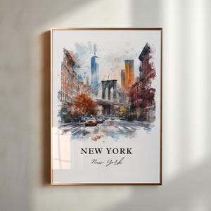 NYC Wall Art, New York City Print, Manhattan Watercolor Art, Brooklyn Bridge Gift, Manhattan Travel Print, Travel Poster, Housewarming Gift
