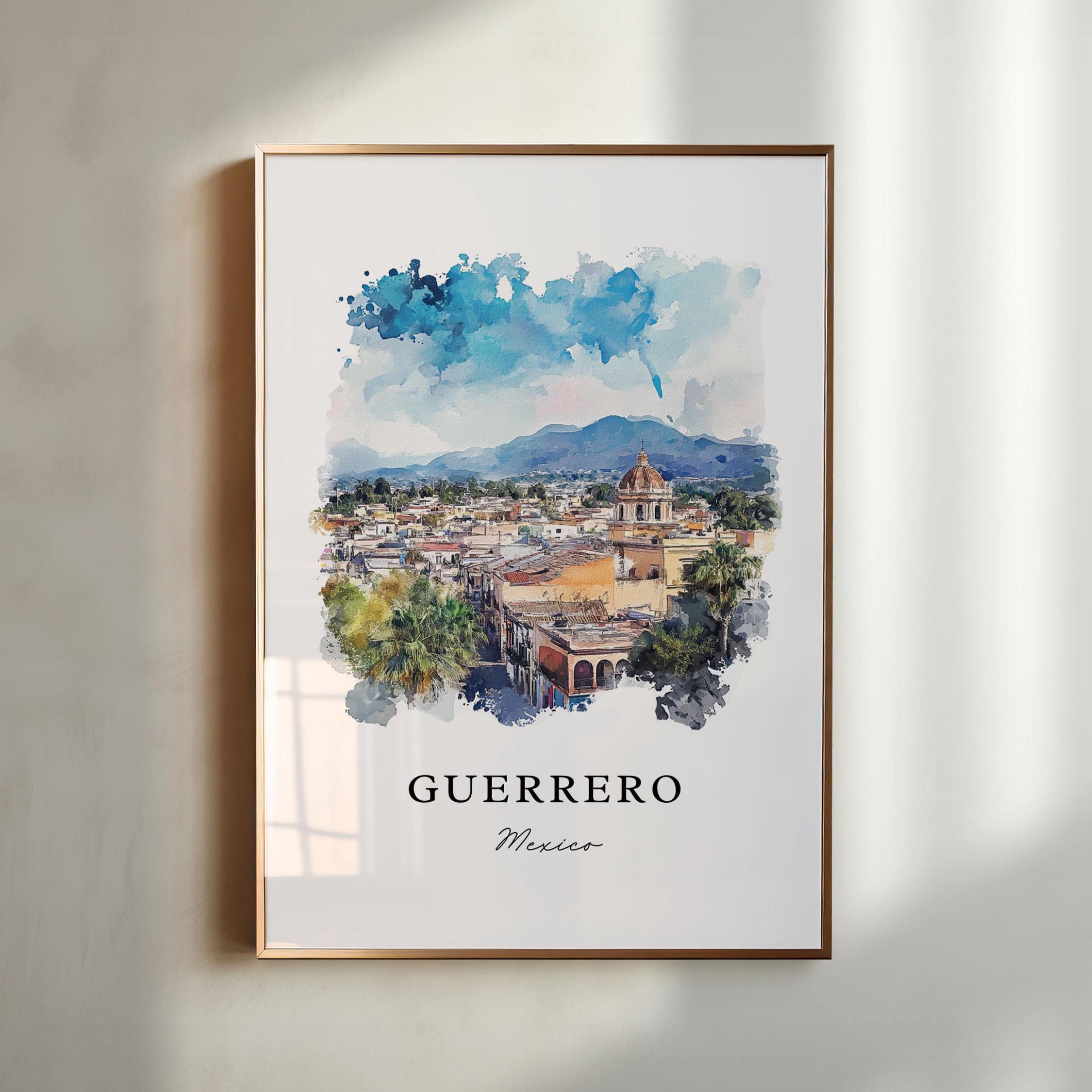 Guerrero MX Wandkunst, Guerrero Druck, Guerrero Zustand Aquarell Kunst, Guerrero Mexiko Geschenk, Reiseplakat, Housewarminggeschenk