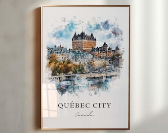 May include: A watercolor painting of the cityscape of Quebec City, Canada. The painting features the Chateau Frontenac hotel and other buildings in the city. The painting is in a gold frame.
