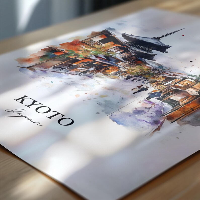 May include: A watercolor painting of a street scene in Kyoto, Japan. The painting features a traditional Japanese building with a tiled roof and a pagoda. The street is lined with shops and people are walking by. The painting is done in a soft, muted color palette.