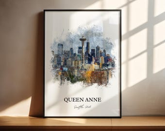 Arte de Seattle de la época de la Reina Ana, impresión de Seattle, acuarela de Seattle, regalo de Seattle, Washington, impresión de la época de la Reina Ana, póster de viaje, regalo de inauguración de la casa