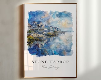 Akvarellkonsttryck i Stone Harbor, New Jersey-kusten, reseaffisch