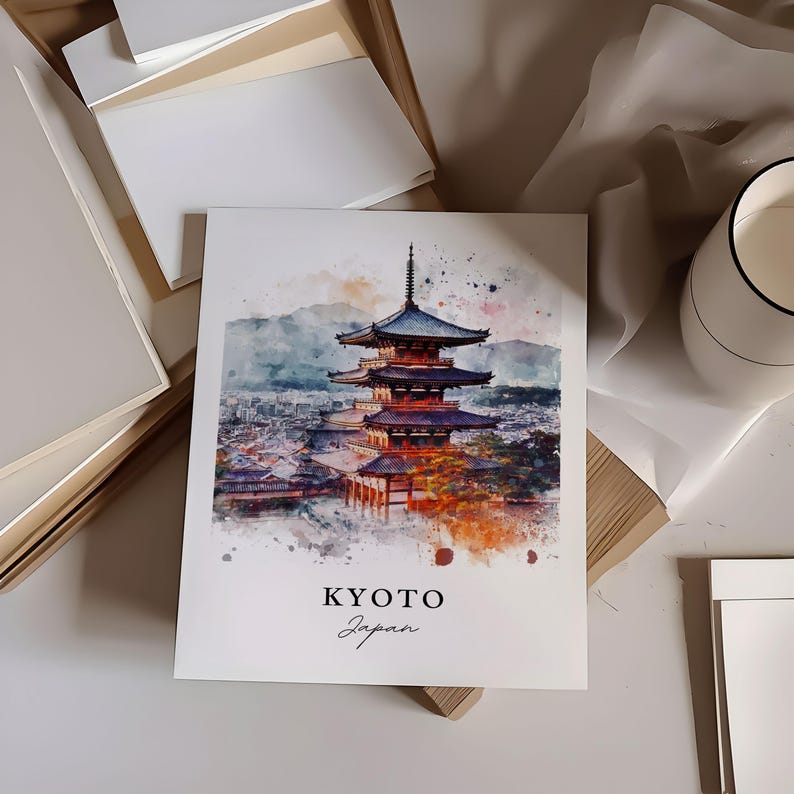 Sztuka ścienna z Kioto, wydruk z Kioto w Japonii, akwarela z Kioto, prezent z wyspy Honsiu w Japonii, plakat podróżniczy, prezent na parapetówkę zdjęcie 2