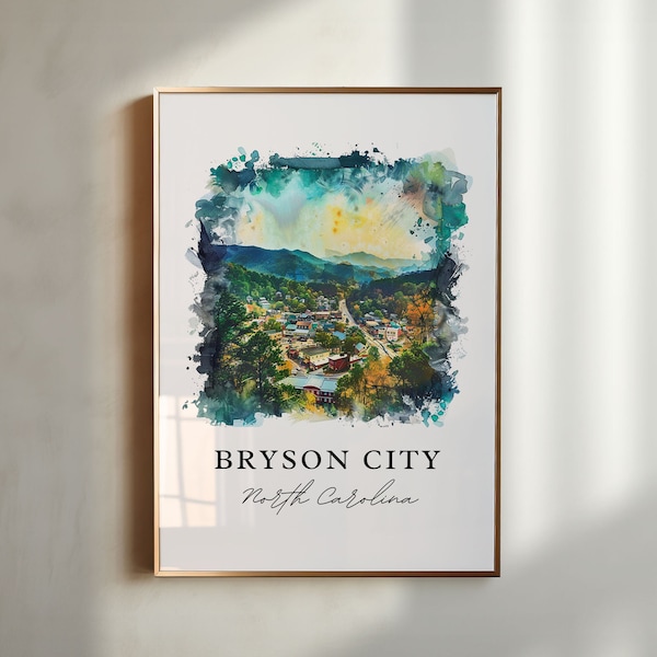 Arte murale di Bryson City NC, stampa di Bryson City, acquerello di Bryson City, regalo per le Smoky Mountains, poster di viaggio, regalo di inaugurazione della casa