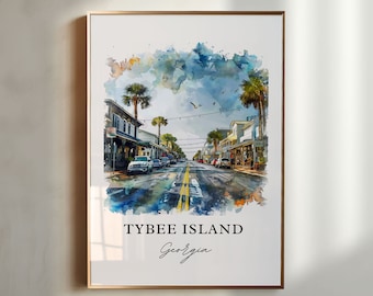 Sztuka ścienna Tybee Island, Tybee Island GA, Akwarela Tybee Island, Prezent Tybee Island Georgia, Plakat podróżniczy, Prezent na parapetówkę