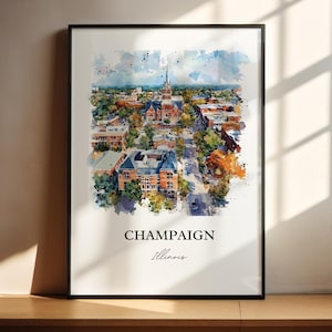 May include: A watercolor painting of the city of Champaign, Illinois. The painting features a cityscape with buildings, trees, and a church steeple. The text "Champaign, Illinois" is written below the painting.