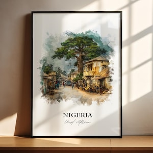 Nigeria Wall Art, Nigeria Africa Print, Nigeria Watercolor Art, Nigeria Country Gift, Travel Print, Travel Poster, Housewarming Gift