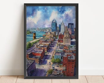 Cincinnati Skyline Watercolor Print, Ohio Travel Art