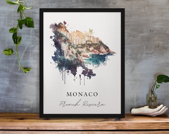 Monaco Watercolor Map Art Print – French Riviera Travel Poster