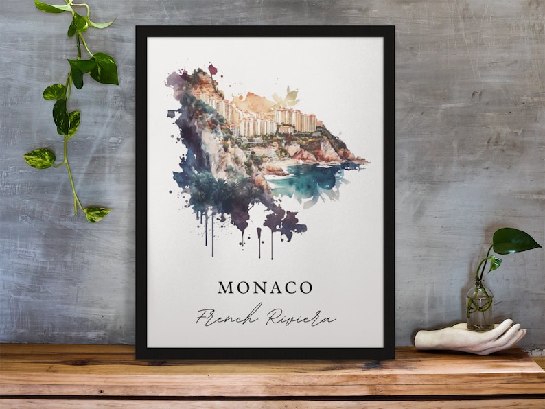 Monaco Watercolor Map Art Print – French Riviera Travel Poster image 1