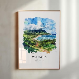 May include: Watercolor print of Waimea, Hawaii, framed in gold. The artwork depicts a coastal landscape with a beach, lush green vegetation, and mountains under a blue sky with fluffy clouds. The text "WAIMEA Hawaii" is printed at the bottom.
