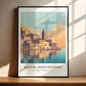 Kotor Art, Kotor Retro Travel Art, Kotor Montenegro Home Decor, Montenegro Gift, Balkans Travel Art, Travel Prints, Housewarming Gift