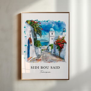 Sidi Bou Said Wall Art, Tunisia Print, Sidi Bou Said Watercolor, Tunisia Gift, Travel Poster, Housewarming Gift