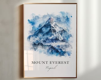 Stampa ad acquerello del Monte Everest, poster di viaggio del Nepal