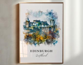 May include: A watercolor painting of the Edinburgh skyline, featuring the iconic Edinburgh Castle and the city's historic buildings. The painting is set against a backdrop of a cloudy sky and has a soft, dreamy feel. The text "EDINBURGH Scotland" is printed below the image.