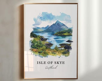 May include: A watercolor painting of a mountain range and a lake with a blue sky and white clouds. The text "ISLE OF SKYE Scotland" is printed below the image.