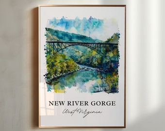 以下が含まれることがあります： 緑の谷に架かる橋の水彩画。画像の下に「NEW RIVER GORGE West Virginia」というテキストがあります。