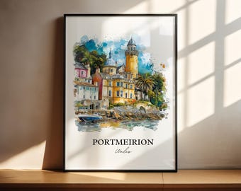 Decoración de pared de Portmeirion, lámina de Gwynedd, acuarela del norte de Gales, regalo de Portmeirion, lámina de viaje, póster de viaje, regalo de inauguración de casa