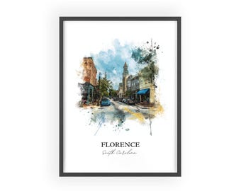 Florence SC Wandkunst, Florence Druck, South Carolina Aquarellkunst, South Carolina Geschenk, Reisedruck, Reiseplakat, Housewarminggeschenk