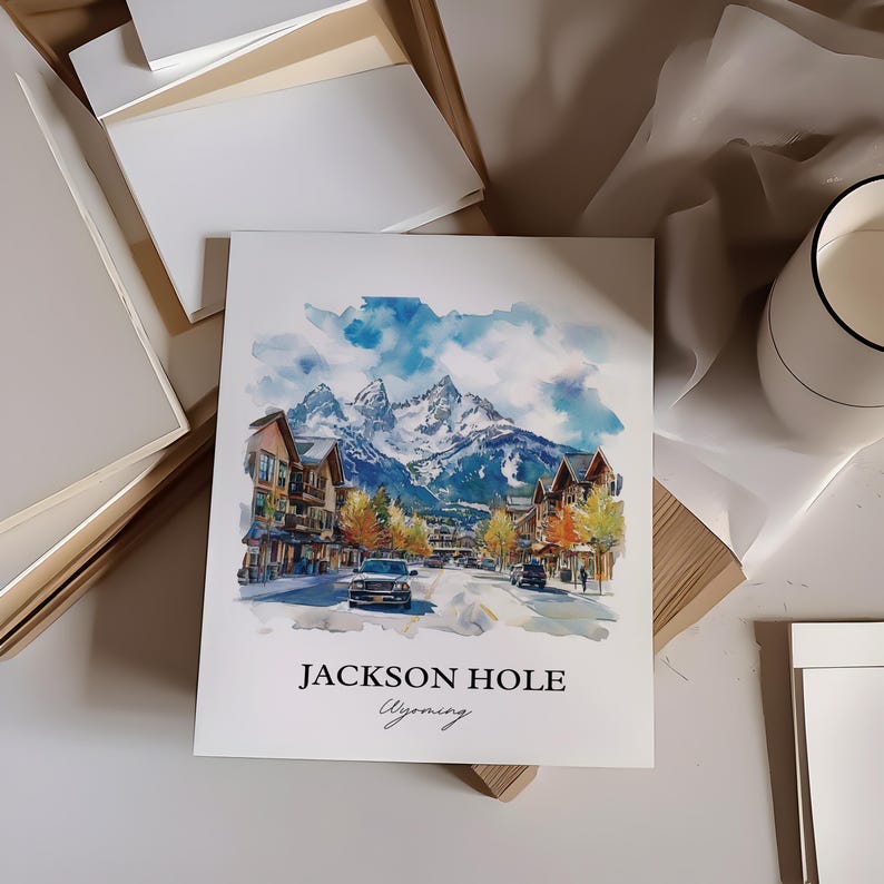 Väggkonst i Jackson Hole, tryck i Jackson, Wyoming, akvarellkonst i Wyoming, present till Jackson Hole, resetryck, reseaffisch, inflyttningspresent bild 6