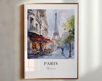 May include: A watercolor painting of a Parisian street scene with the Eiffel Tower in the background. The street is lined with buildings and trees, and there are people walking and sitting at cafes. The painting is framed in a gold frame and has the text "PARIS France" at the bottom.