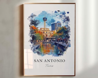 May include: A watercolor painting of the San Antonio River Walk in San Antonio, Texas. The painting features a tall tower, buildings, trees, and a river. The text "San Antonio, Texas" is written below the painting.