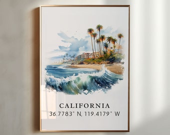Stampa artistica ad acquerello di una spiaggia californiana – Poster di viaggio della costa occidentale, regalo personalizzato
