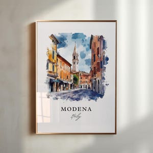 May include: A watercolour painting depicting a street scene in Modena, Italy. The painting features a tall tower in the centre of the street, with buildings lining both sides. The painting is executed in a soft, muted palette of blues, greens, and yellows.