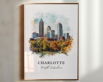 Charlotte NC Wall Art, Charlotte Print, Charlotte Watercolor Art, Charlotte Cityscae Gift, Travel Poster, Housewarming Gift