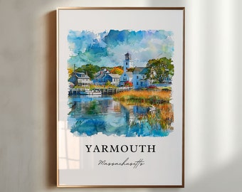 May include: Watercolor painting of a small town with a lighthouse, houses, and a river. The town is called Yarmouth, Massachusetts.