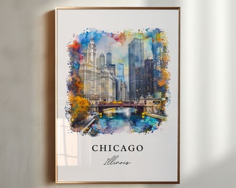 May include: A watercolor painting of the Chicago skyline with a river in the foreground. The painting is in a gold frame and has the text "CHICAGO Illinois" at the bottom.