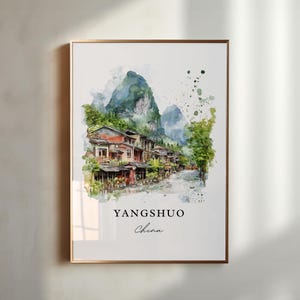 Yangshuo China Art, Yangshuo China Print, Guangxi Watercolor Art, Guangxi China Gift, Travel Poster, Housewarming Gift