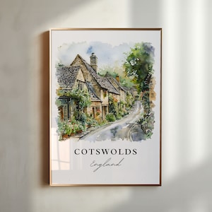 Arte mural de Cotswolds, Inglaterra, impresión de Cotswolds, acuarela de Cotswolds, regalo de Inglaterra, póster de viaje, regalo de inauguración de la casa