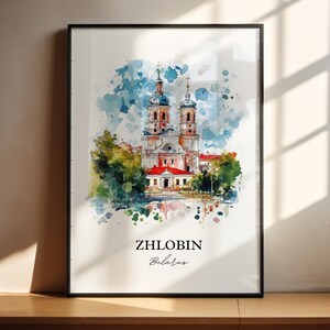 May include: A watercolor painting of a church in Zhlobin, Belarus. The church has two towers and is painted in shades of red, white, and blue. The painting is surrounded by a watercolor wash of blue and green.