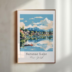 Arte tradicional de viagem de Saranac Lake - Nova York, pôster de Saranac Lake, presente de casamento, presente de aniversário, texto personalizado, presente personalizado