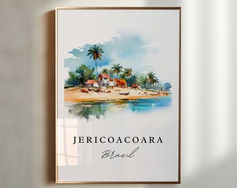 May include: A watercolor painting of a beach scene in Jericoacoara, Brazil. The painting features palm trees, a sandy beach, a small village, and a boat in the water. The text "Jericoacoara Brazil" is written below the painting.