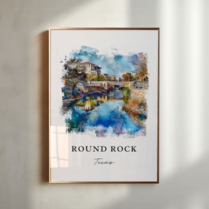 Arte mural de Round Rock, TX, impresión de Round Rock, arte de acuarela de Austin, TX, regalo de Round Rock, Texas, póster de viaje, regalo de inauguración de la casa